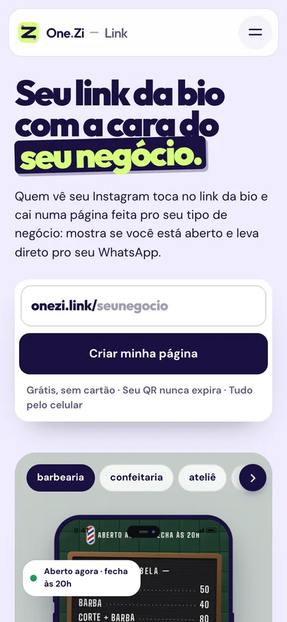 Página inicial do One.Zi Link no celular